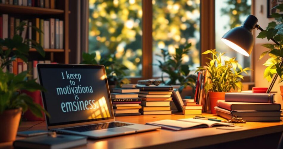 Motivational study space with books and bright lamp.