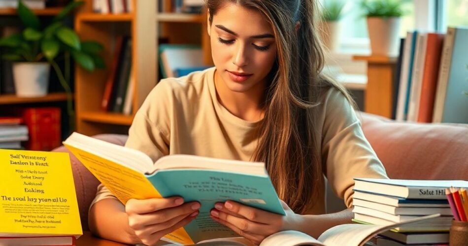 Student with self-development books in a cozy study space.