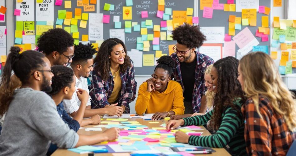 Diverse group collaborating in a creative brainstorming session.