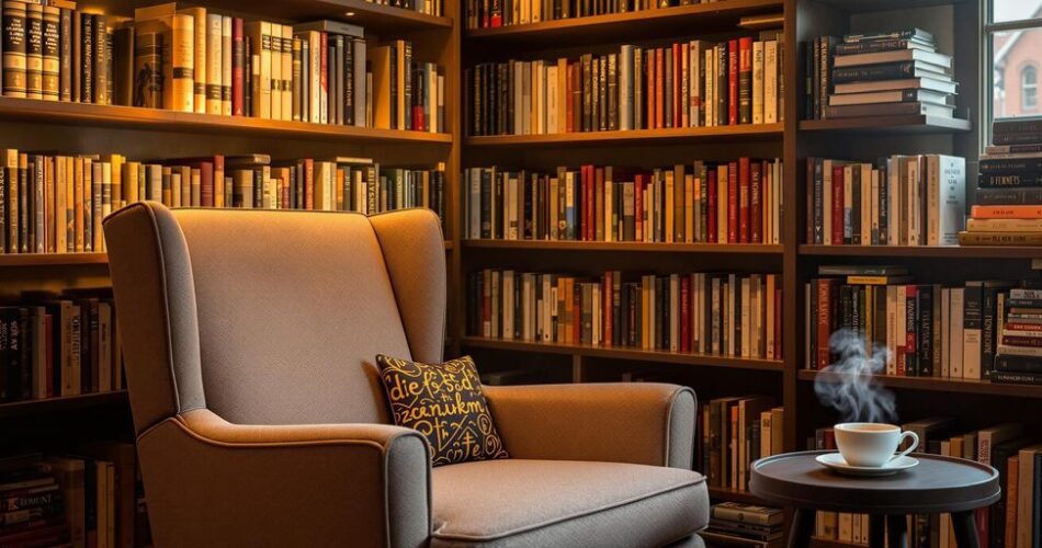 Cozy reading nook with books and a cup of tea.