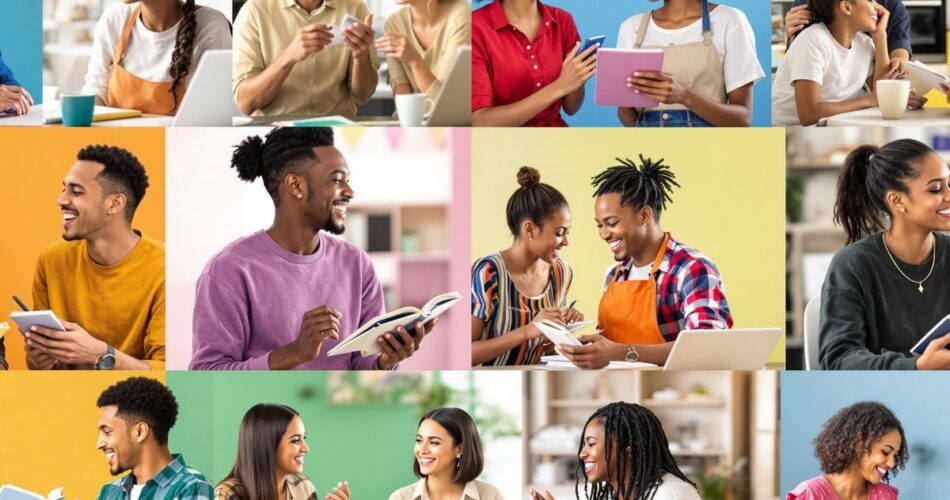 Diverse people joyfully learning languages together in a collage.