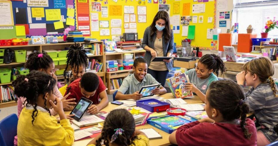 Students engaged in reading activities with tablets and books.