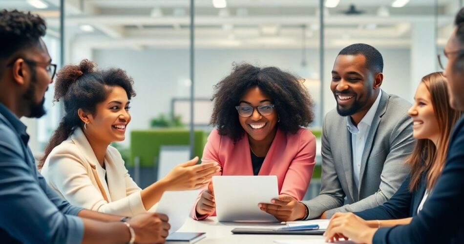 Diverse professionals collaborating in a modern office setting.