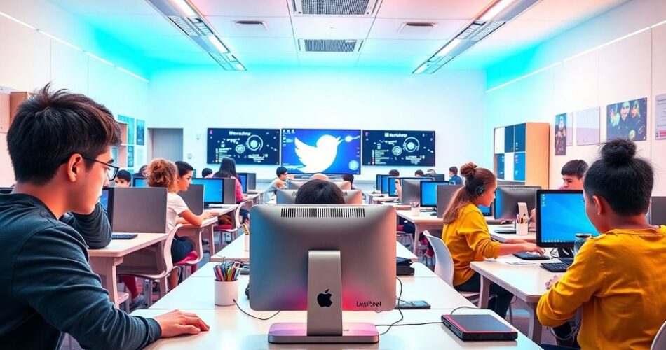 Futuristic classroom with students coding on computers.