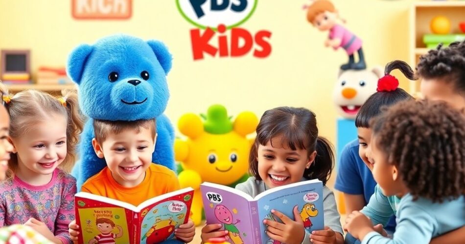 Colorful PBS Kids characters with children enjoying learning activities.