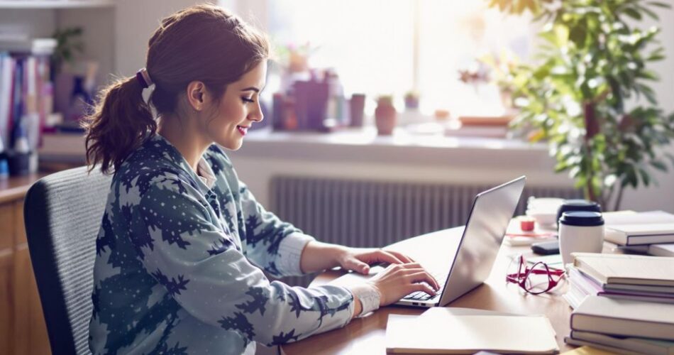 Person studying online with laptop and books.