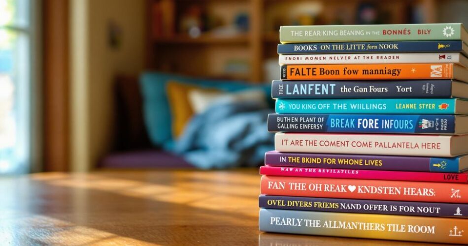 Colorful books stacked on a table in a cozy setting.