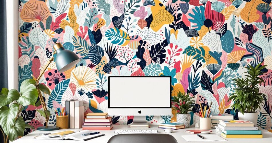 Stylish study space with inspiring wallpaper and desk decor.