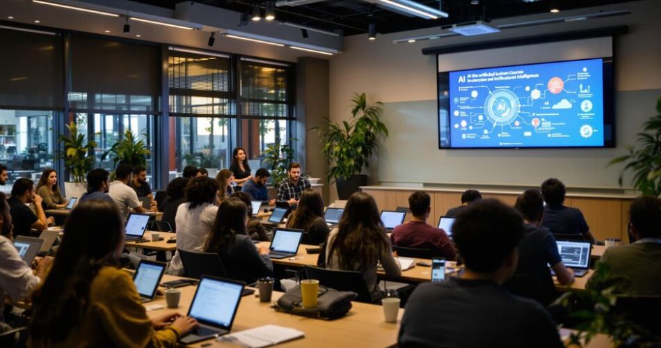 Diverse students learning about artificial intelligence in a classroom.