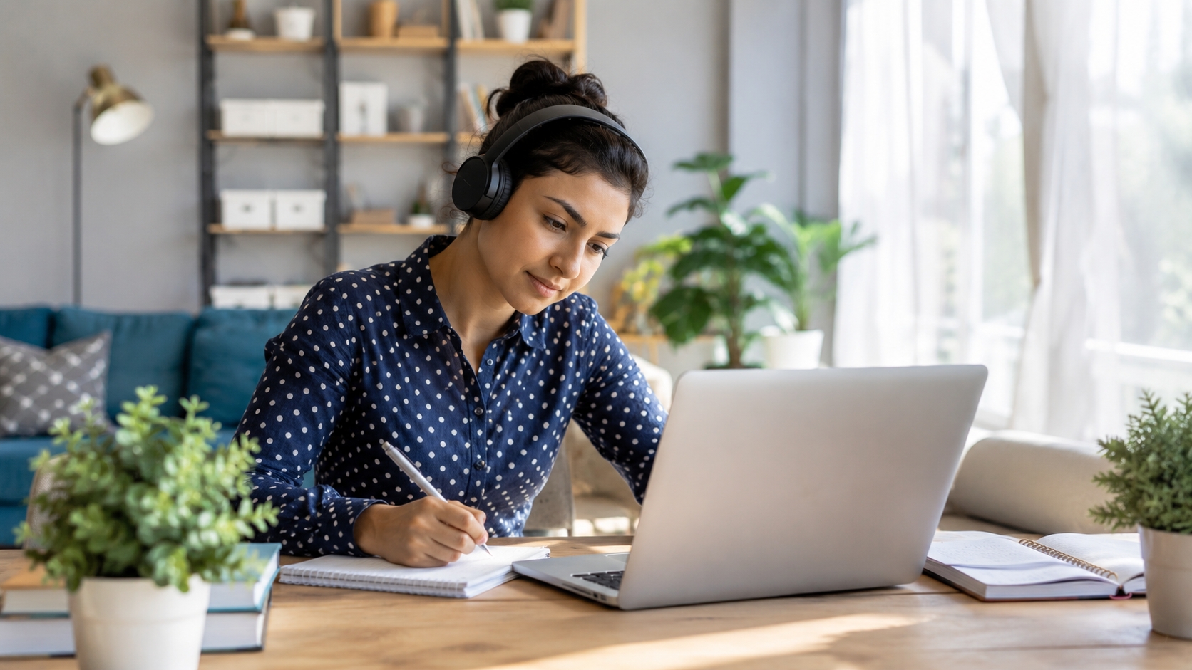 Student enjoying the flexibility of distance learning from home