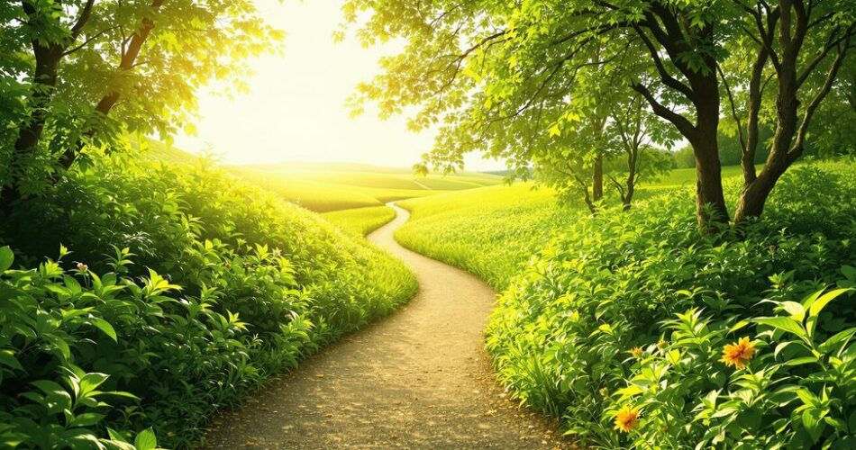 A winding path through greenery leading to a bright horizon.