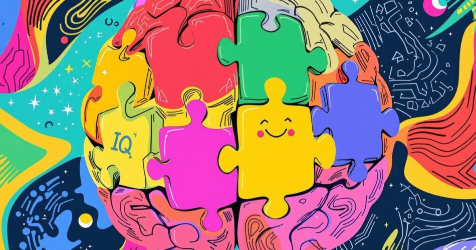 Colorful brain illustration with puzzle pieces for IQ testing.