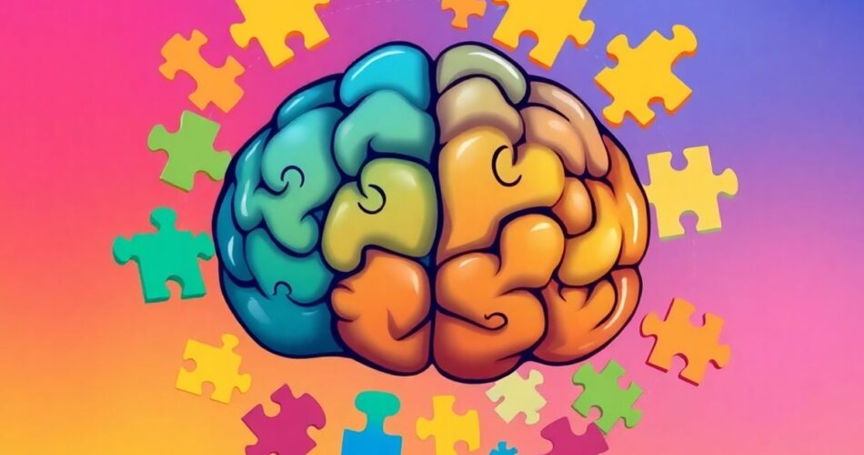 Illustration of a brain with colorful puzzle pieces.