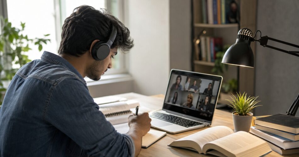 Student studying through a distance learning course on a laptop