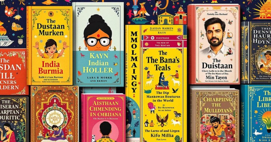 Colorful Indian books and cultural motifs in a vibrant scene.