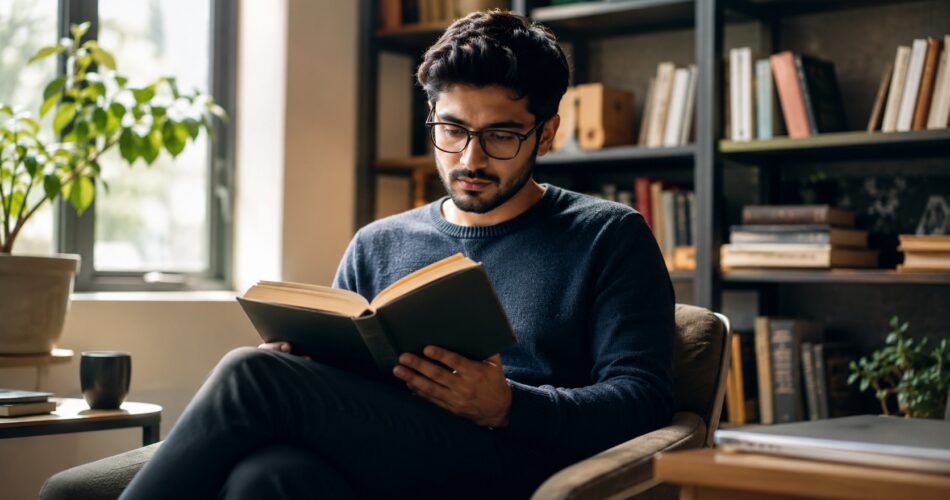 Person reading a book to learn and develop knowledge