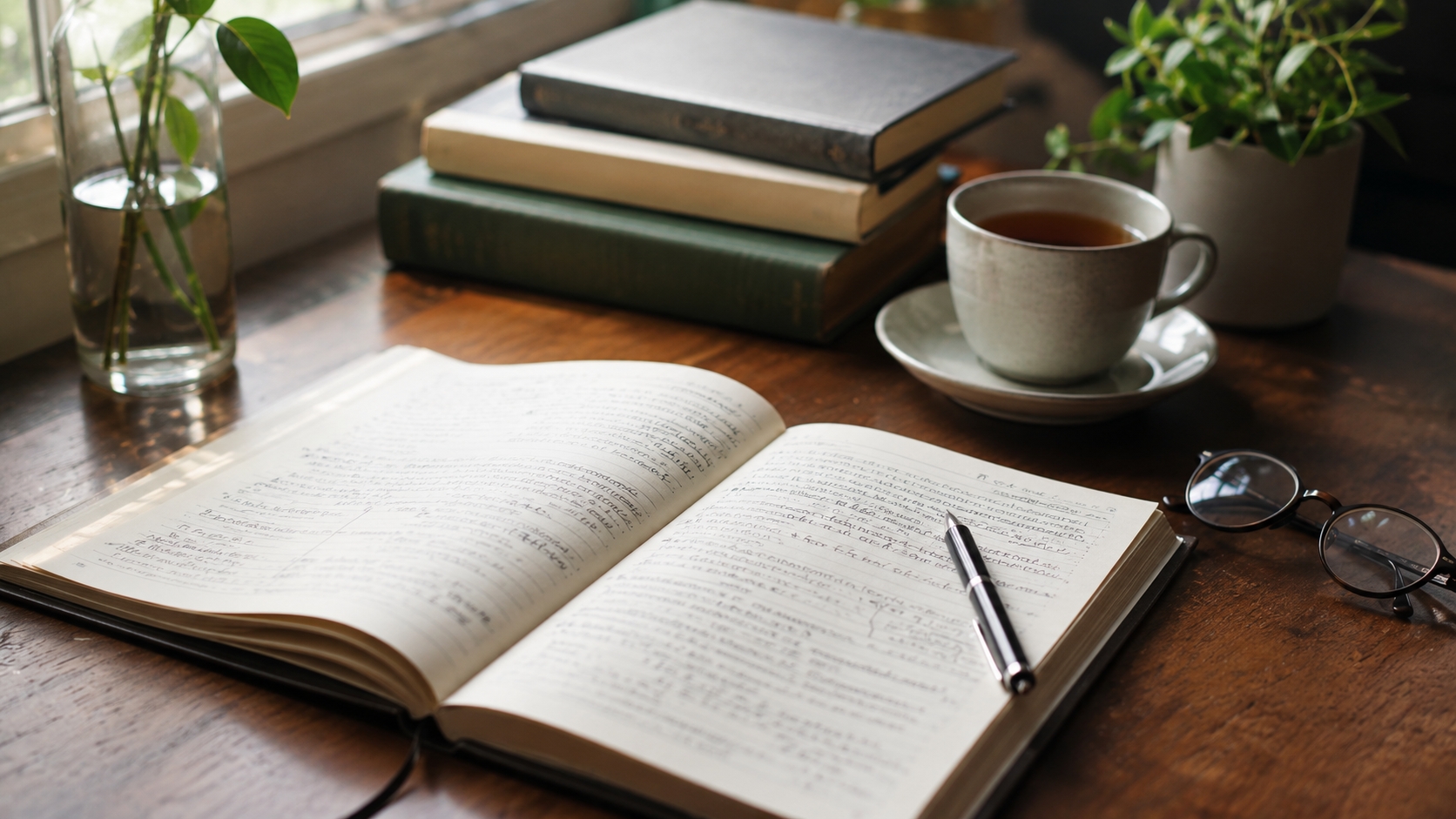 Open book with handwritten notes and reading glasses on a wooden desk