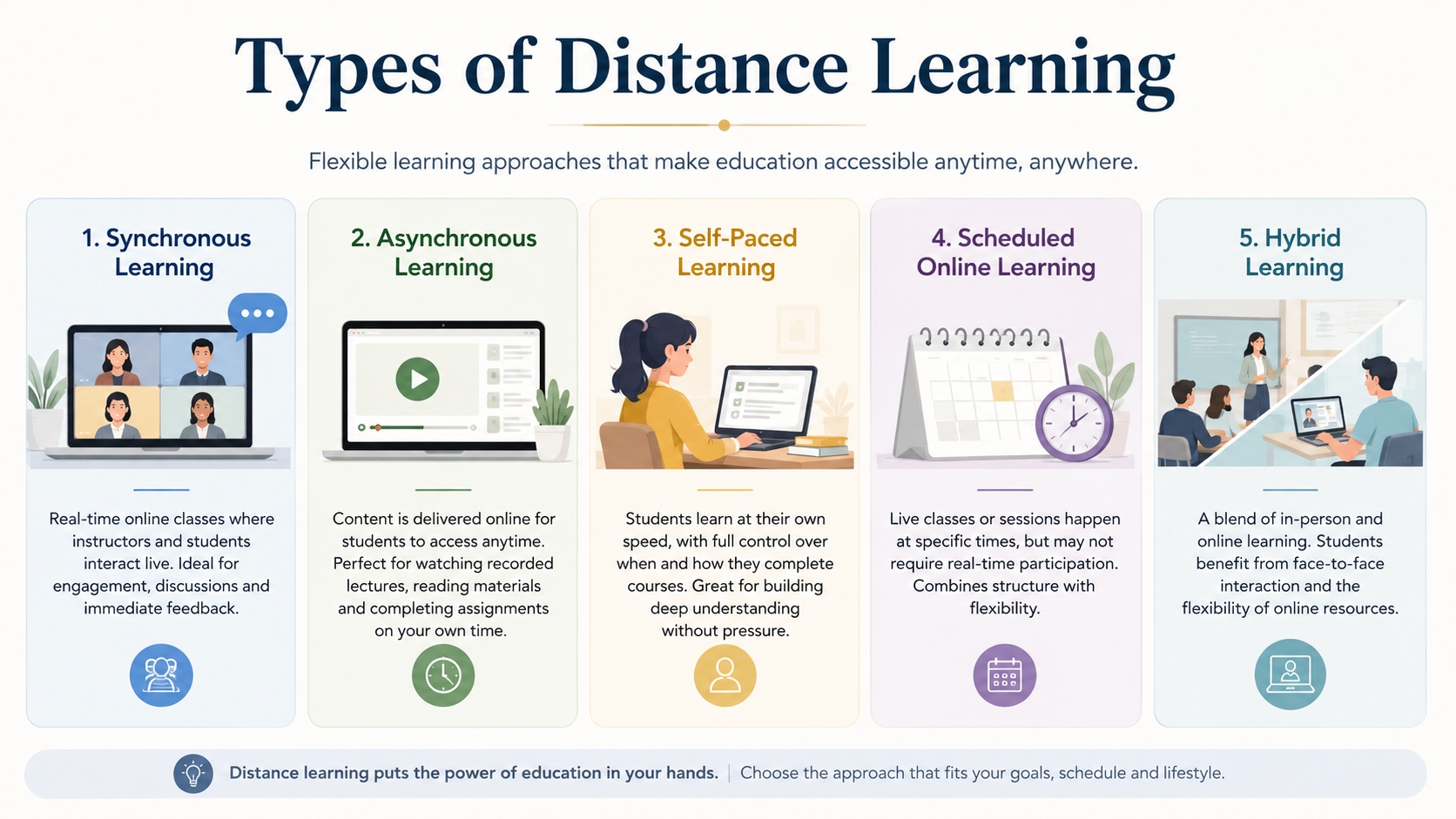 Types of distance learning including synchronous asynchronous self-paced and hybrid learning